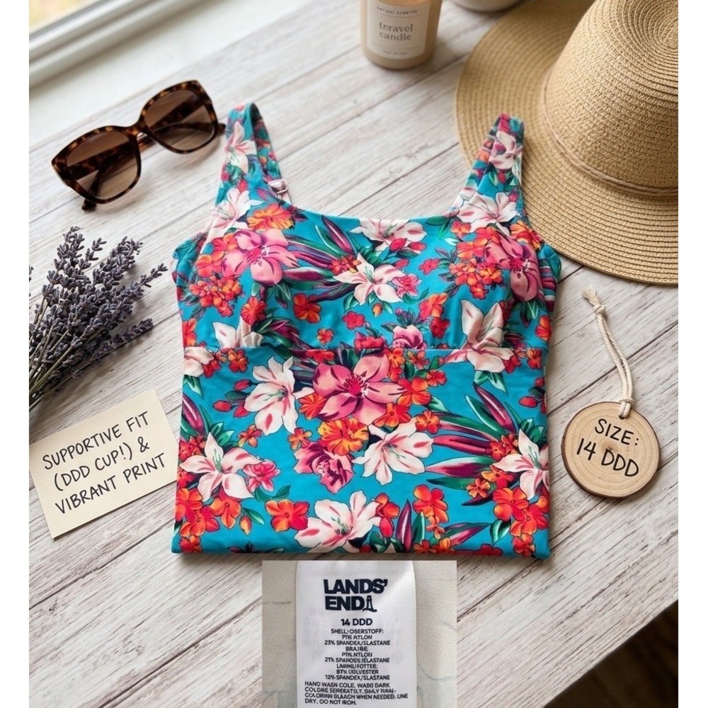 Lands'End 14 DDD Built In Bra Tankini Top Tropical Floral Swim Adjustable Strap